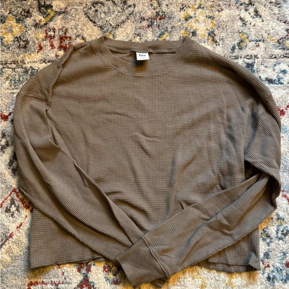 TNA Women’s Long Sleeve Waffle Knit Top in Olive Brown